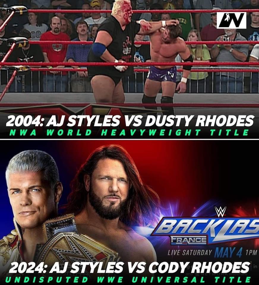 20 Years ago, #AJStyles had a match against #DustyRhodes.

20 Years later, AJ Styles will have a match against Dusty's son #CodyRhodes
