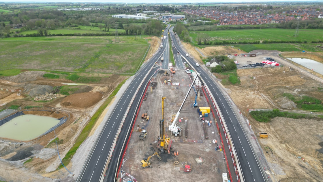 Foundations works have started for a key bridge that will take the A43 over the new high-speed railway. Just two weekend closures were needed during the 7 month realignment project, with our team working closely with @HighwaysEMIDS to create an ‘island’ between the two…