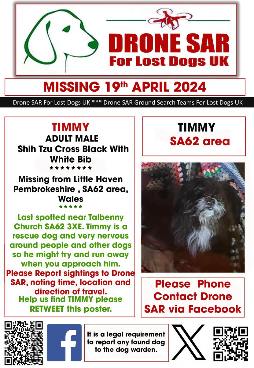 #LostDog #Alert TIMMY
Male Shih Tzu Cross Black With White Bib (Age: Adult)
Missing from Little Haven Pembrokeshire , SA62 area, Wales on Friday, 19th April 2024 #DroneSAR #MissingDog