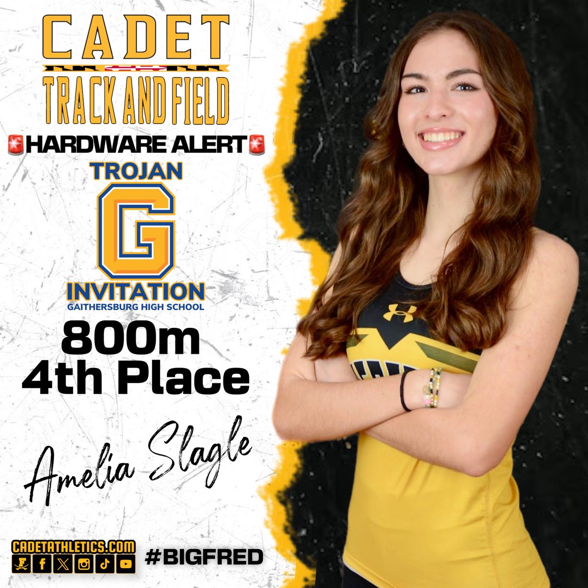 ⚡️Cadetathletics.com Breaking News 
🏅🚨HARDWARE ALERT🚨🏅

Cadet Amelia Slagle places 4th in the 800m race  at the Trojan Invitational today at Gaithersburg High School with a time of 2:23.15.

⚔️ | #BigFred | ⬛️🟨 | #ProtectTheParkway