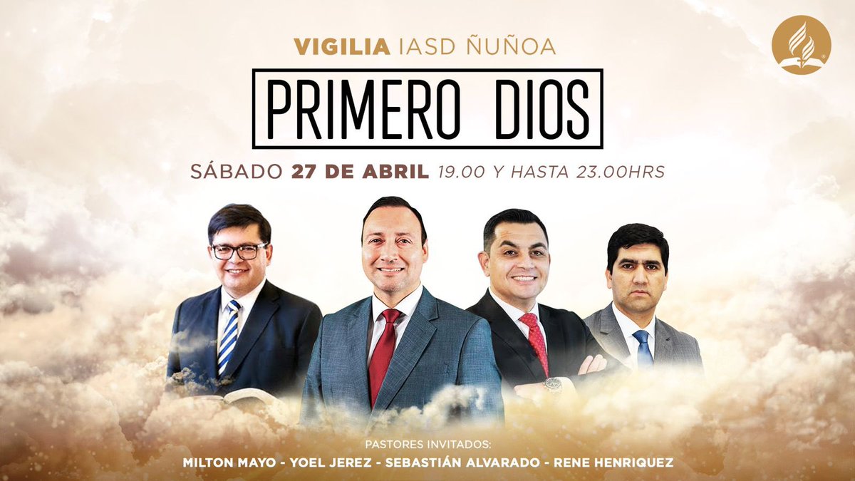 inunoa's tweet photo. Próximo Sábado 27 abril de 19:00 a 23:00 horas, realizaremos una vigilia cuyo lema será "Primero Dios".  Será un precioso momento de consagración y alabanzas junto a Pr. Milton Mayo Pr. Yoel Jerez Pr. Sebastián Alvarado y pastor René Henríquez. Te esperamos! Dr. Johow 310, Ñuñoa. https://t.co/MkoVdGn9VT