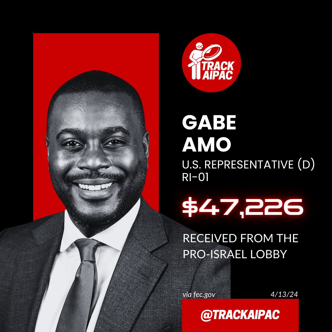 @RepGabeAmo AIPAC Rep. Gabe Amo is falling into line for the Israel lobby. He has collected >$47,000 since elected in 2023. #RejectAIPAC