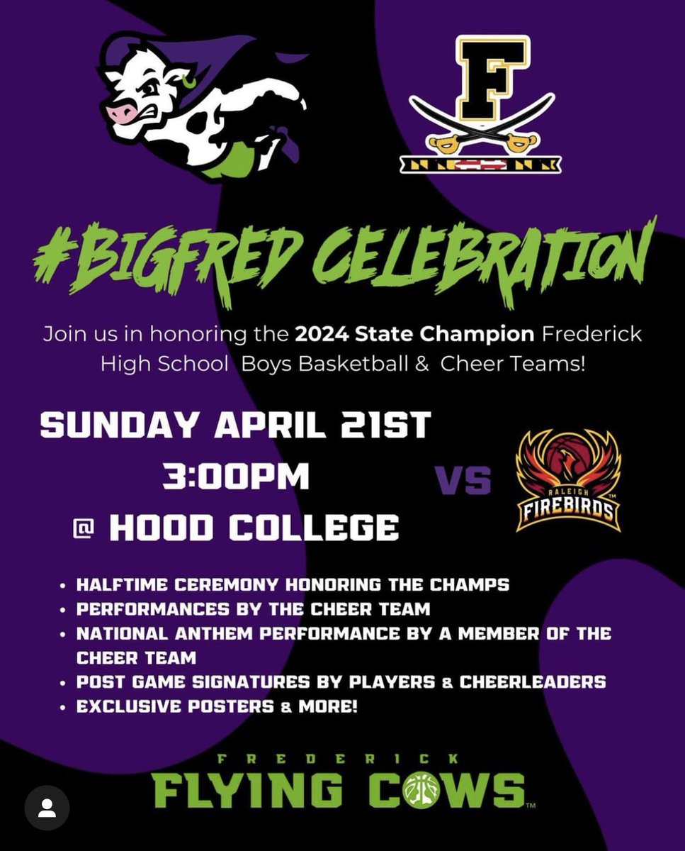 Come out to the Frederick Flying Cows game tomorrow as they celebrate our 2024 Boys Basketball Team and Cheerleaders! Use the link below to purchase tickets and a portion of each sale goes back to Cadet Athletics

vivenu.com/checkout/658c4…

⚔️ | #BigFred | ⬛️🟨 | #ProtectTheParkway