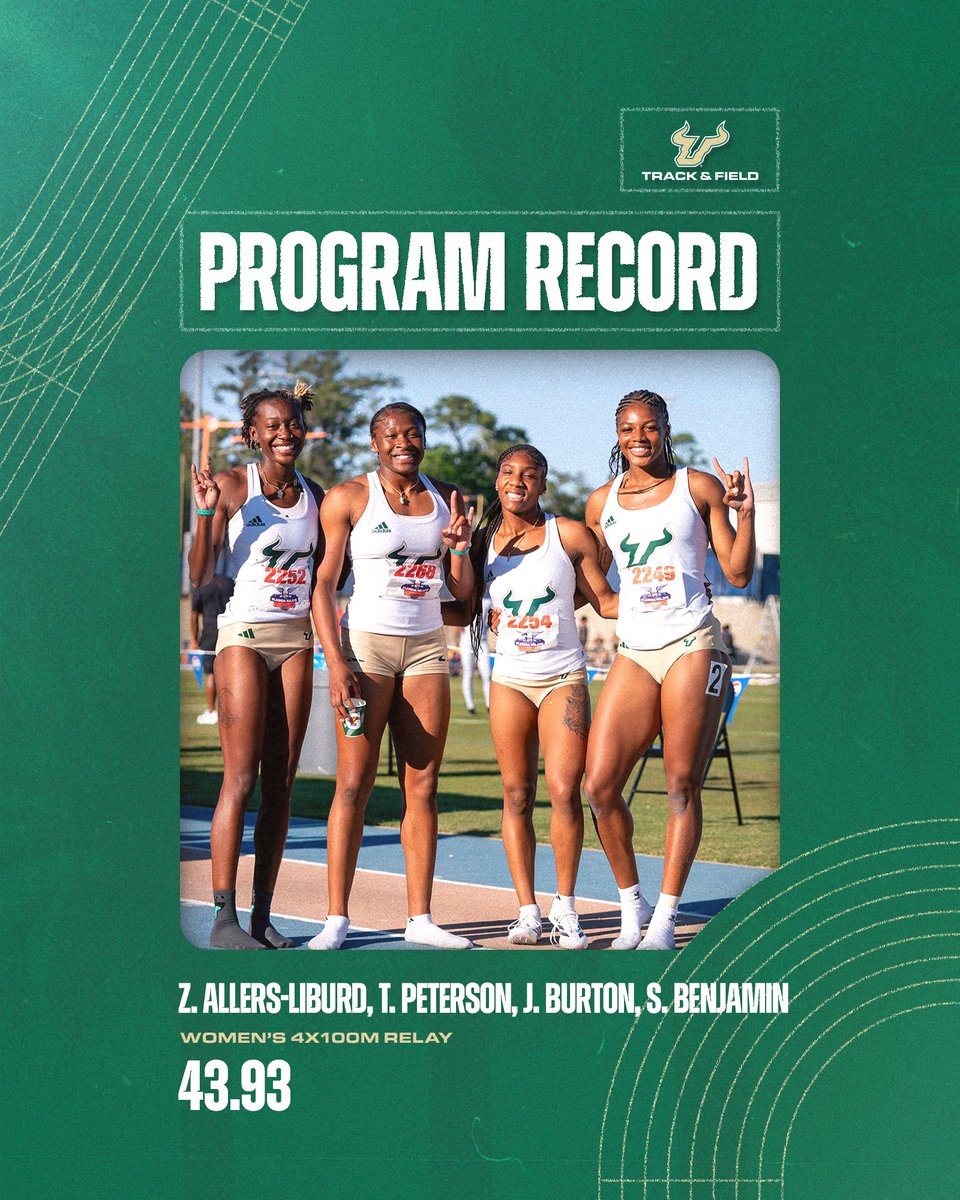 PROGRAM RECORD🚨 Zahria Allers-Liburd, Terren Peterson, Je'Nyia Burton, and Shaniya Benjamin run the fastest 4x100m relay in women's program history (43.93)! #MtSACRelays | #HornsUp🤘