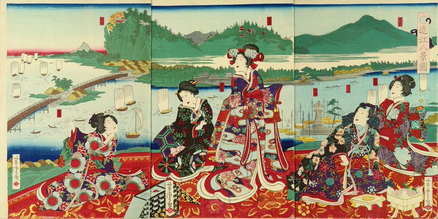 Genji and beauties on a terrace overlooking, by Utagawa Yoshitora, 1872 #ukiyoe
