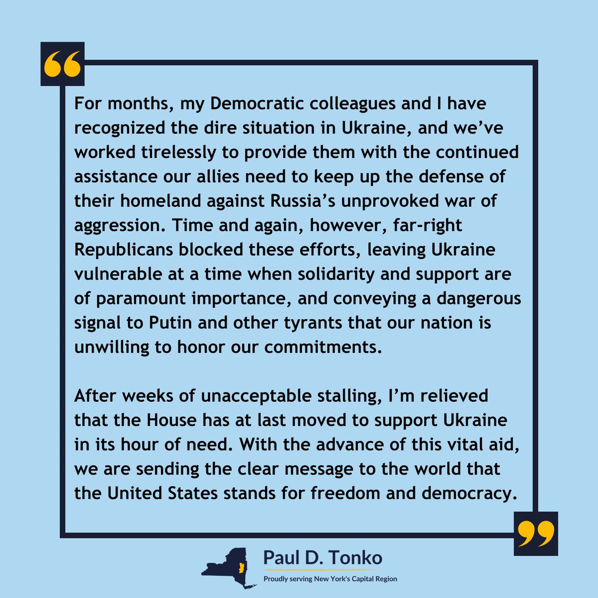 My statement on today’s vote to deliver long needed assistance to Ukraine: