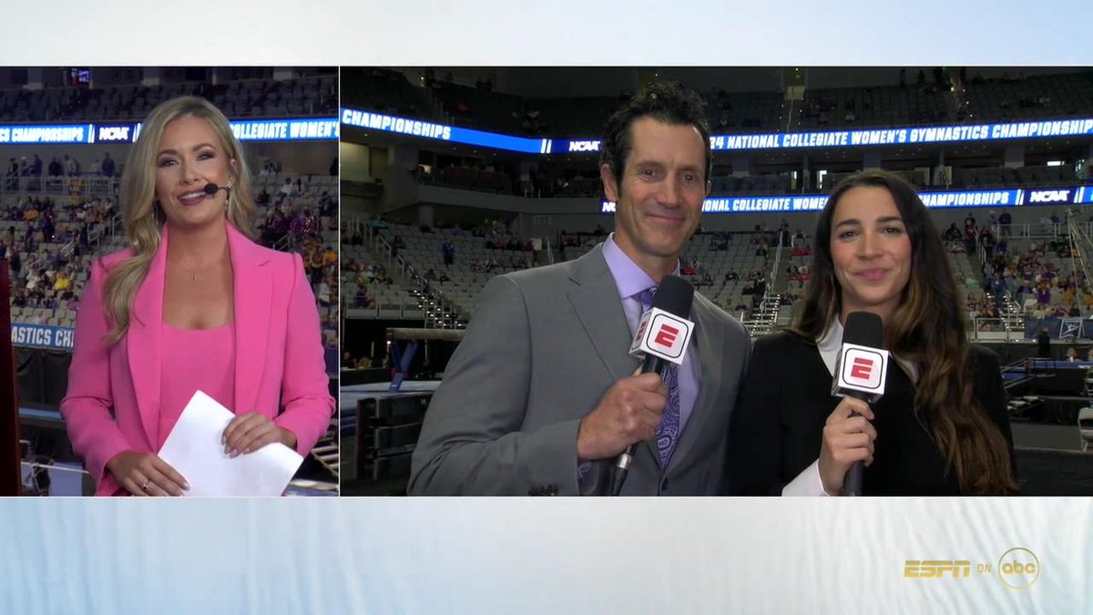 For the second straight year, our ESPN Gymnastics team is live on ABC for the #NCAAWGym Championship Live Preshow The show is hosted by @taylorbethdavis featuring insight from our 4 Olympian commentators: @bridgetsloan @samanthapeszek @jrflipfest & @Aly_Raisman