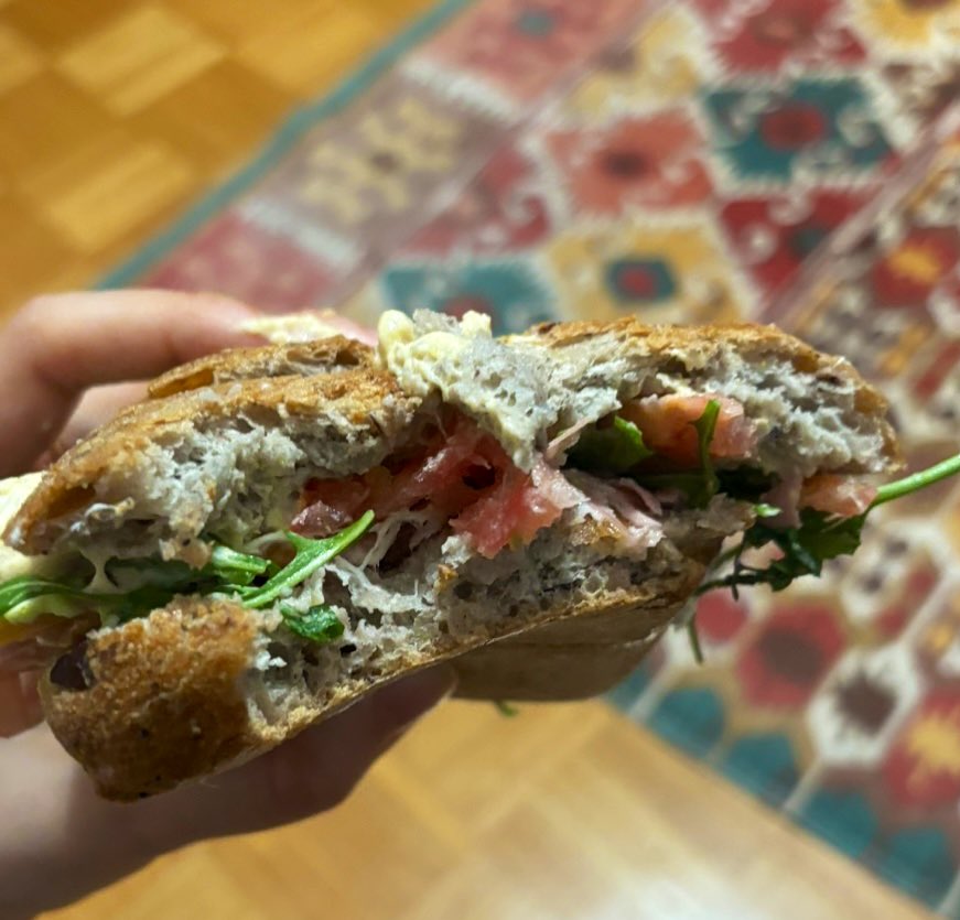 I made sandwich with burrata and hummus

Happy life