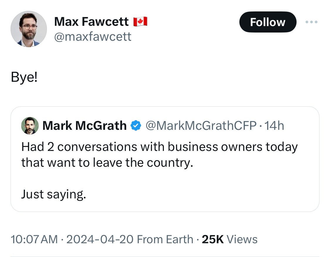 Douchebags like Fawcett celebrate the loss of the productive due to repressive, socialist policies. They giggle. Vacuously thinking it will make the country a better place. Eventually, national productivity drops so low due to losing ambitious professionals and good