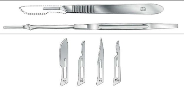 💡| Scalpel handle and blade types commonly used in dentoalveolar surgery.