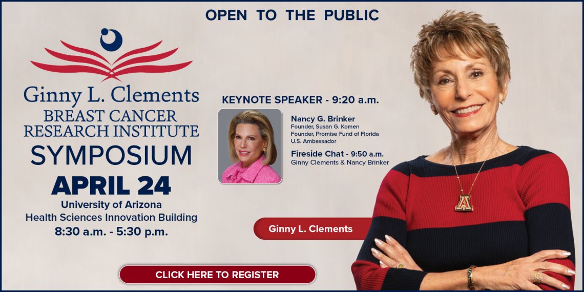 Don't forget to register! @NancyGBrinker, founder of @SusanGKomen, @ThePromiseFund, and regarded as the leader of the global breast cancer movement, will be the keynote speaker at this year's Ginny L. Clements Breast Cancer Research Institute Symposium. #CancerFreeAZ