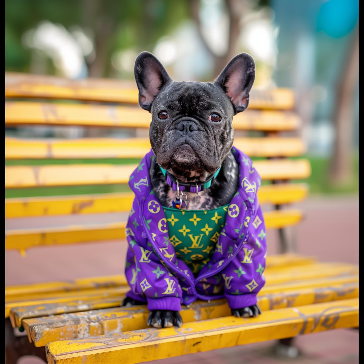 FBD_Agency's tweet photo. Title: "Urban Chic: A Bulldog's Day Out"
#UrbanDog #FashionForwardPet #LouisVuittonMonogram #ParkBenchPoses #luisvuitton #louisvuittonbag #louisvuittondog #luxuryart #art #genai #AIArt https://t.co/2U6nspIjIc