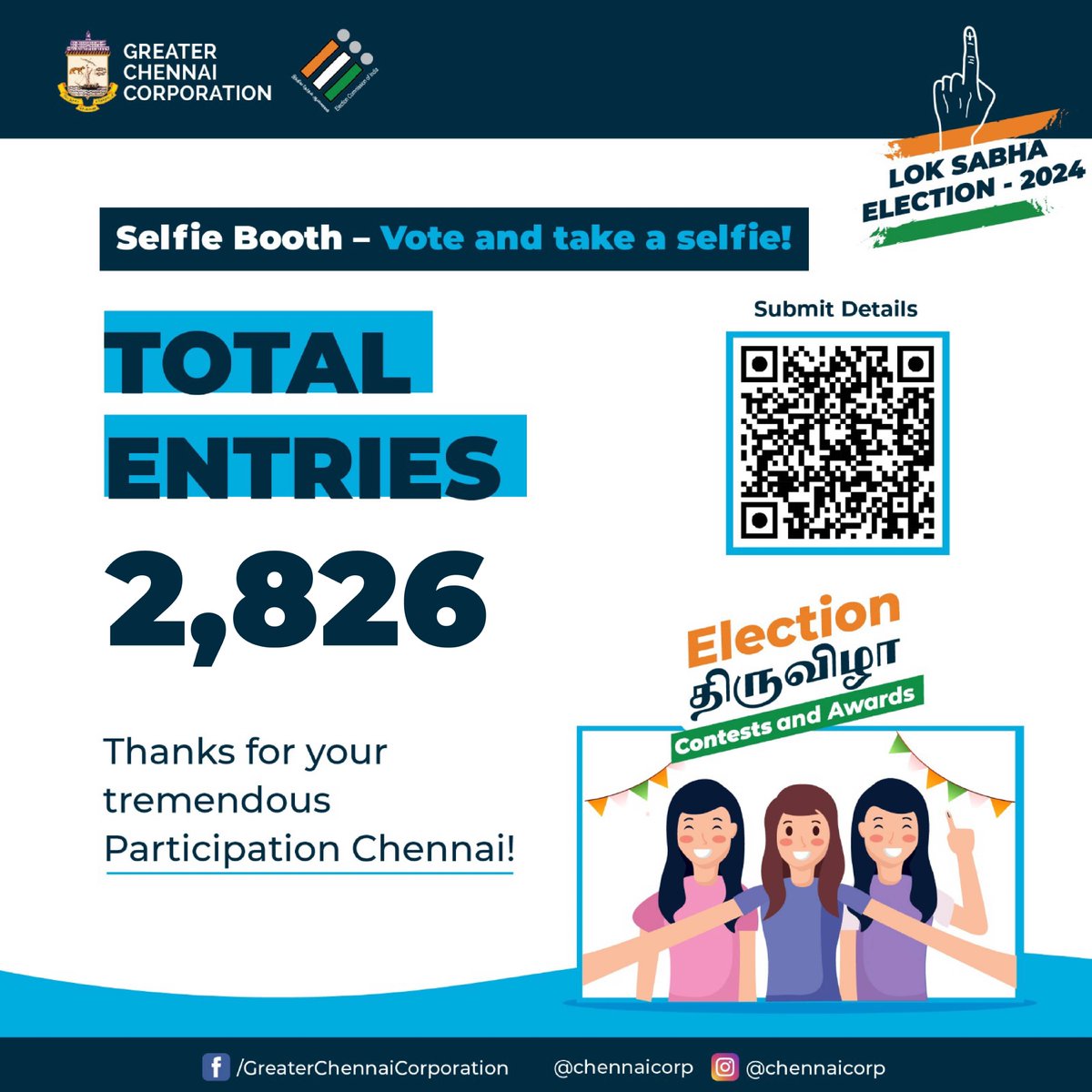 Hey #Chennai,

#ChennaiCorporation extends gratitude to all Chennaiites who posted selfies on social media to motivate fellow citizens to vote. You will receive your certificates shortly.

@RAKRI1 
#ChennaiCorporation
#Election2024
#LokSabhaElections2024