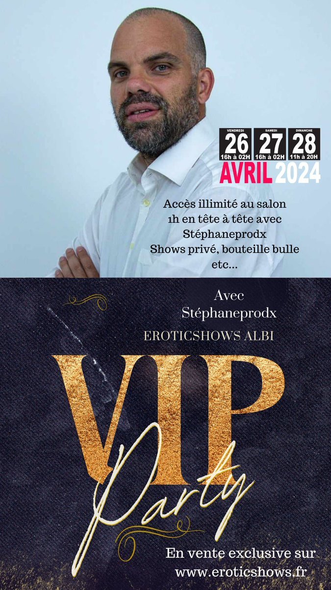 EroticShows's tweet photo. Bonsoir 👋

Que vous soyez un homme ou une femme, prenez votre #passvip

Ce pass vous donne un accès illimité au salon #eroticshows d' #albi 
Bouteille, bulles

Vous avez également le choix d'un moment en tête à tête avec 

@sexymarghotX ( 1h30 )
ou 
@stephaneprodx ( 1h )

(Stephane sera également en théâtre hétéro #hot sur le stand #inad_missy_ble de la belle @MissyCharme )

Pour prendre ton pass #Vip 

Rien de plus simple:

En vente exclusive sur 
https://t.co/KQ6HsXMvqE

#porno #porn #sex #sexe #vip #frenchporn #frenchies 

Bon #weekend