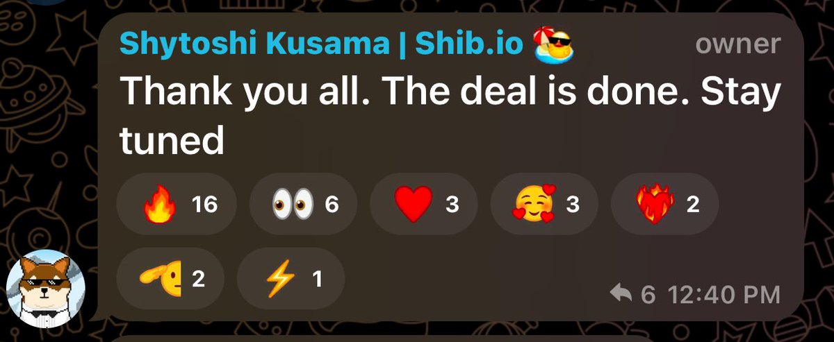 “Thank you all. THE DEAL IS DONE. Stay tuned” - @ShytoshiKusama 👀👀👀 Woof! $SHIB 🐕💨🔥🔥🔥 👉 t.me/ShibariumTechn…