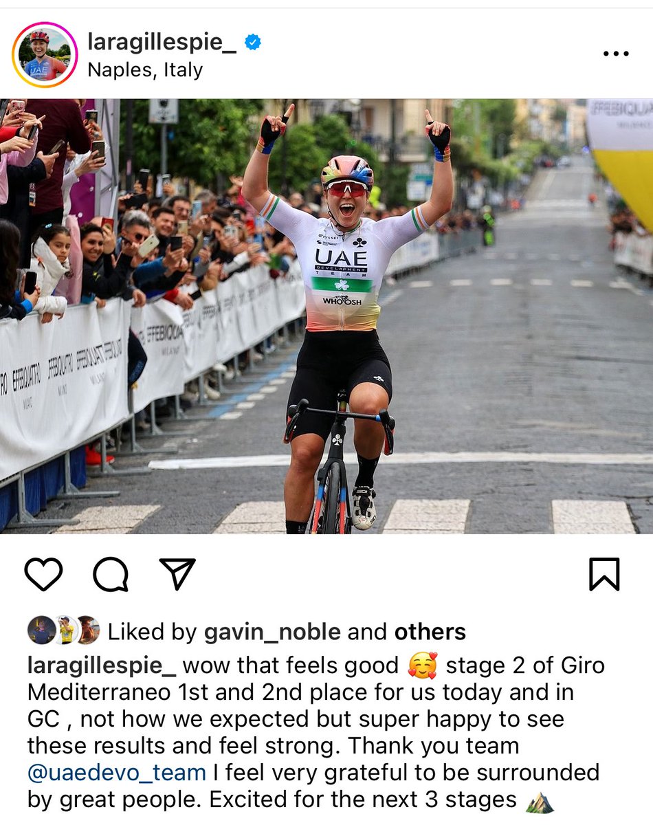 Lara Gillespie was 2nd yesterday and 1st  today at the Giro Mediterraneo Rosa