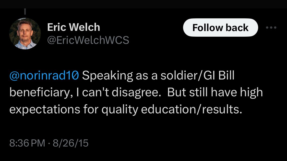 @EricWelchWCS YOU LITERALLY WENT TO COLLEGE FOR FREE BECAUSE WE SPEND A TRILLION DOLLARS A YEAR ON THR MILITARY BRO SHUT THE FUCK UP