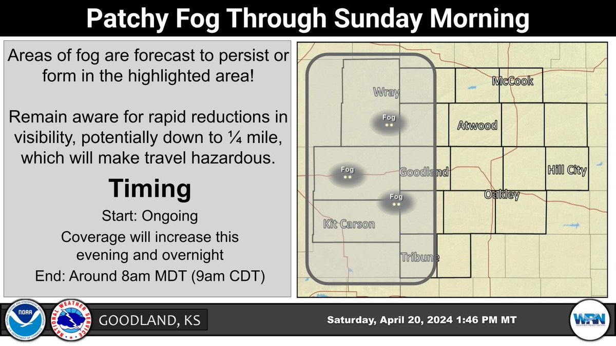 The fog in Colorado will likely persist until tomorrow morning, and expand this evening and overnight. Visibilities could briefly drop to near 0.25 mile which would make travel hazardous. The fog is forecast to lift tomorrow morning around 8AM MT. #COWX #KSWX #NEWX
