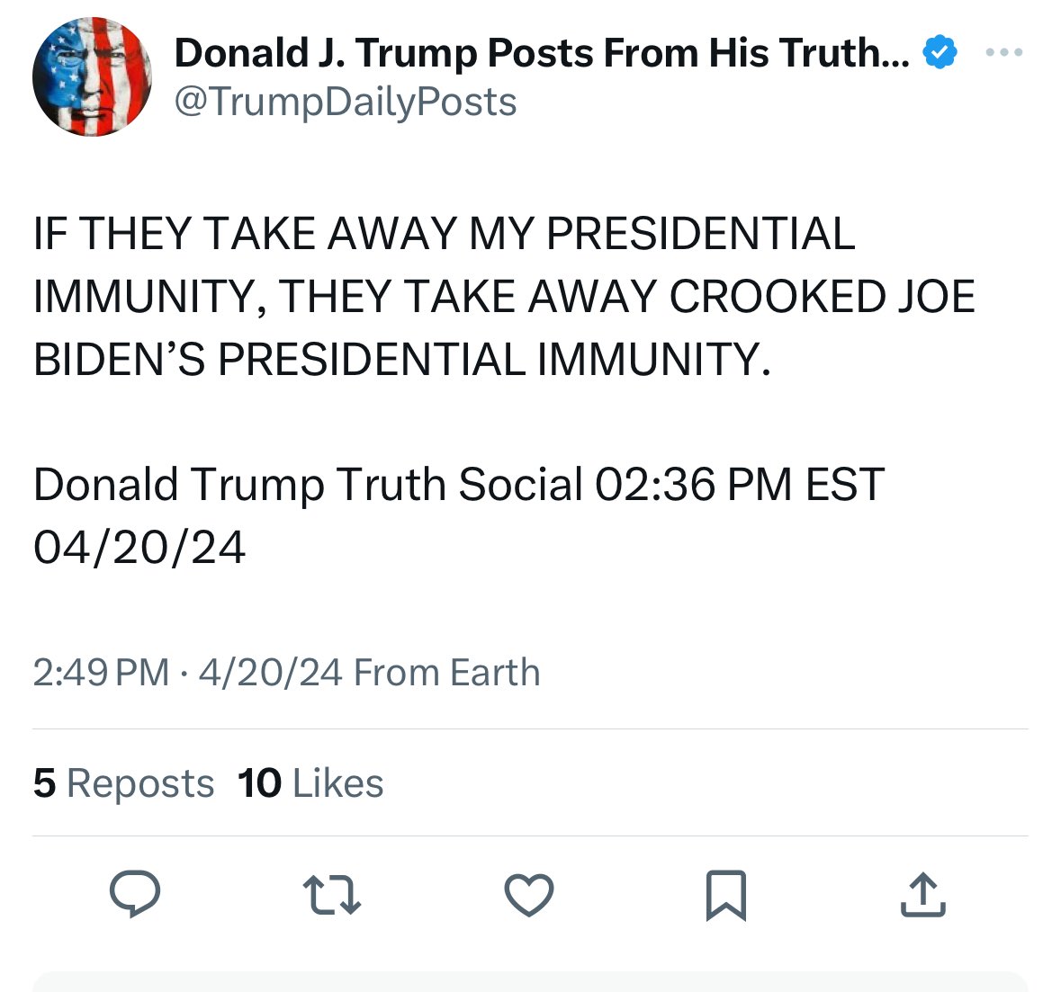 My initial reaction is that this is dumb because Joe Biden doesn't need presidential immunity, he hasn't committed any crimes. But more properly read, this is a threat. Trump is saying he will come after Biden if he's elected. He'll be a dictator in more than just day one.