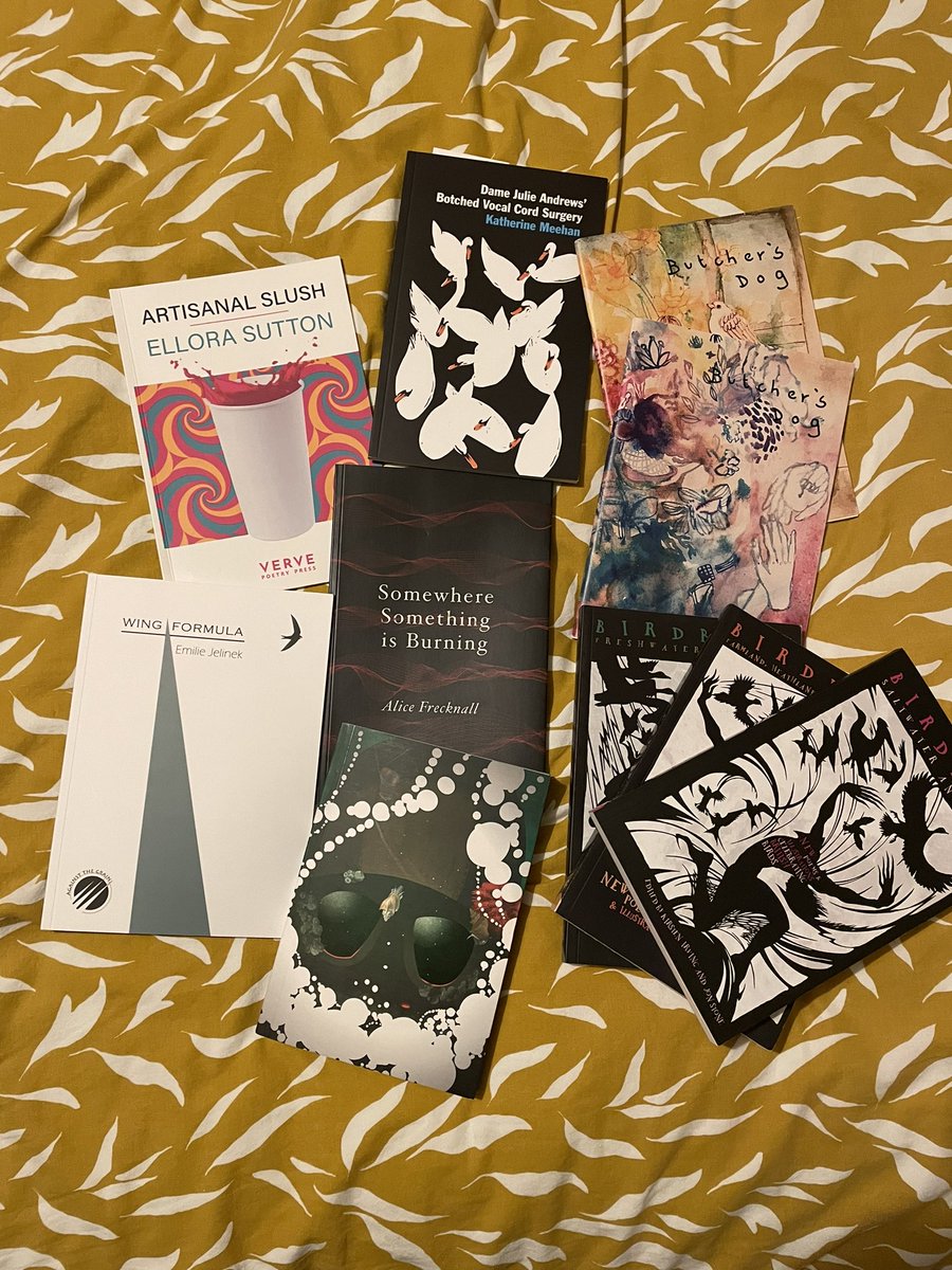 What. A. Haul! Thanks for well and truly enabling my book buying, @PoetrySociety. Free Verse was such fun today. Big thanks to @VervePoetryPres @ButchersDogMag @TwoRiversPress @Outspoken_Press @GrainPress and @SidekickBooks for the ace reading material. Excited to get stuck in!