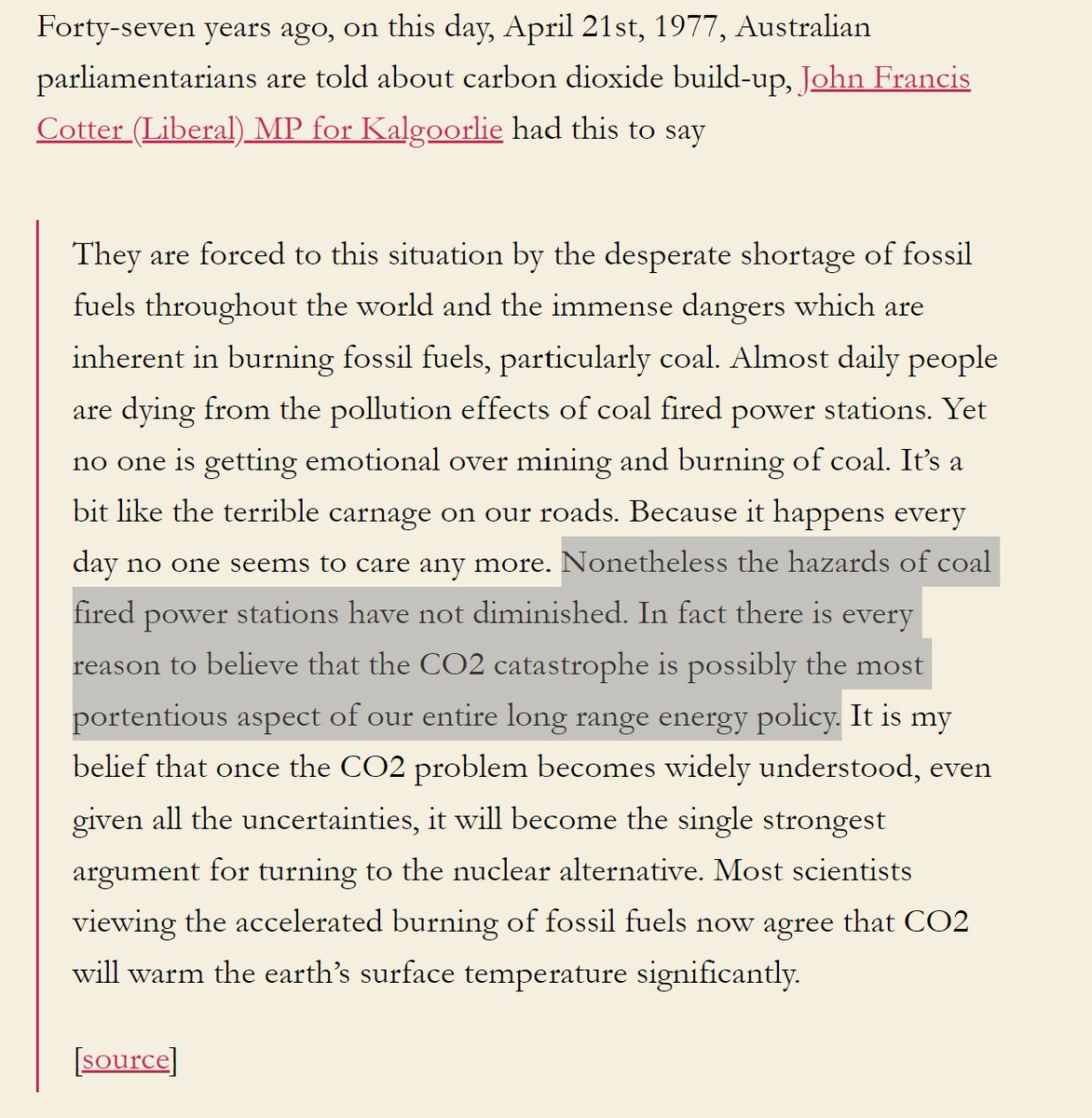 On this day 47 years ago (April 21, 1977 ) there was an Australian Parliament debate on Uranium – carbon dioxide build up mentioned by the pro-mining MPs... LIBERAL MPs.... 1/n allouryesterdays.info/2024/04/20/apr…