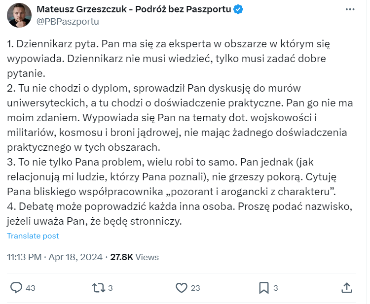 Myślę, że czas podsumować wątek śledztwa dziennikarskiego Pana redaktora Grzeszczuka (@PBPaszportu) na temat mojej edukacji i kompetencji. Muszę przyznać, że niechętnie rozstaję się z tą tajemnicą, bo obserwowanie jak polski OSINT i kwiat dziennikarstwa polskiego w osobie…