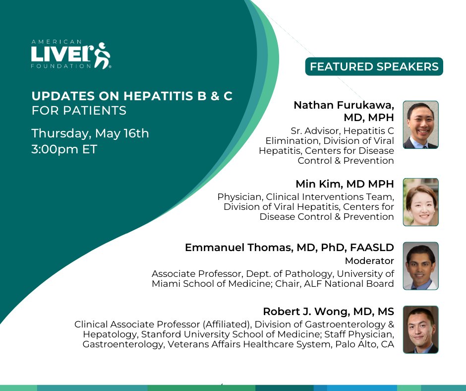 Tune in Thursday, 5/16 for our #Hepatitis B & C Update. The #webinar will feature experts from @cdchep + @stanford & focus on screening, linkage to care, & disparities in care, including new HBV screening & vax guidelines & Hep C Treatment. Register today! liver.fyi/hepbc24