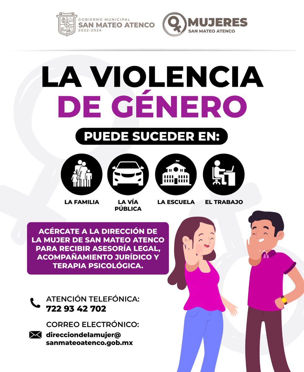 La #ViolenciaDeGénero puede suceder dentro o fuera del hogar; no te calles y pide ayuda a la Dirección de la Mujer #SanMateoAtenco.
#NoEstásSolas
#NiUnaMás #NiUnaMenos 💜