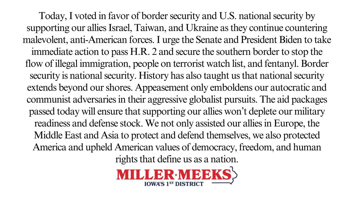 My statement on the votes to secure the southern border, support U.S. national security: