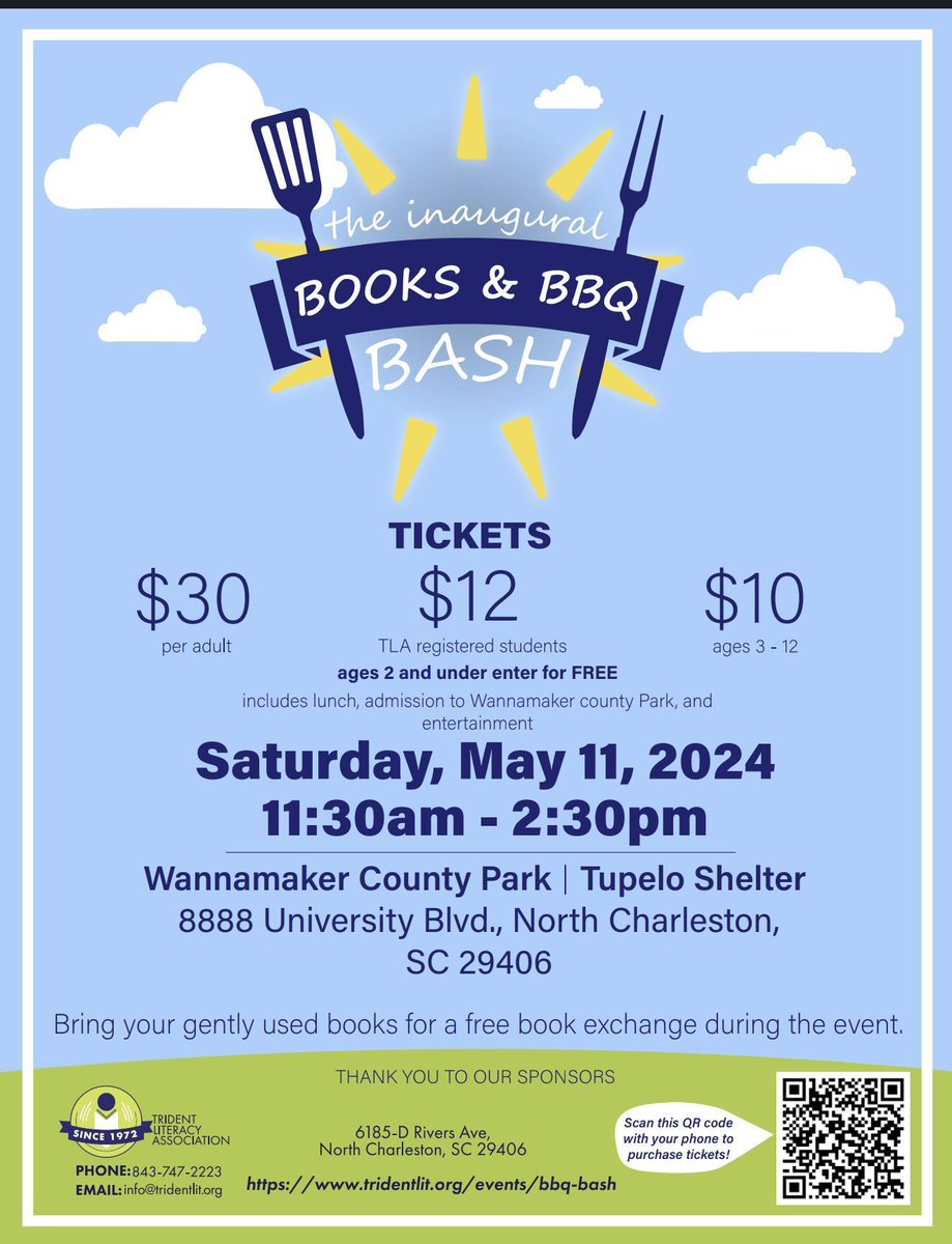 Make sure to bring your gently used books for the book swap! 😁  Get your tickets here 👉 ow.ly/oLhN50Rj9j8

#adulteducation #tridentliteracy #education #events #EnglishasaSecondLanguage #booksandbbq