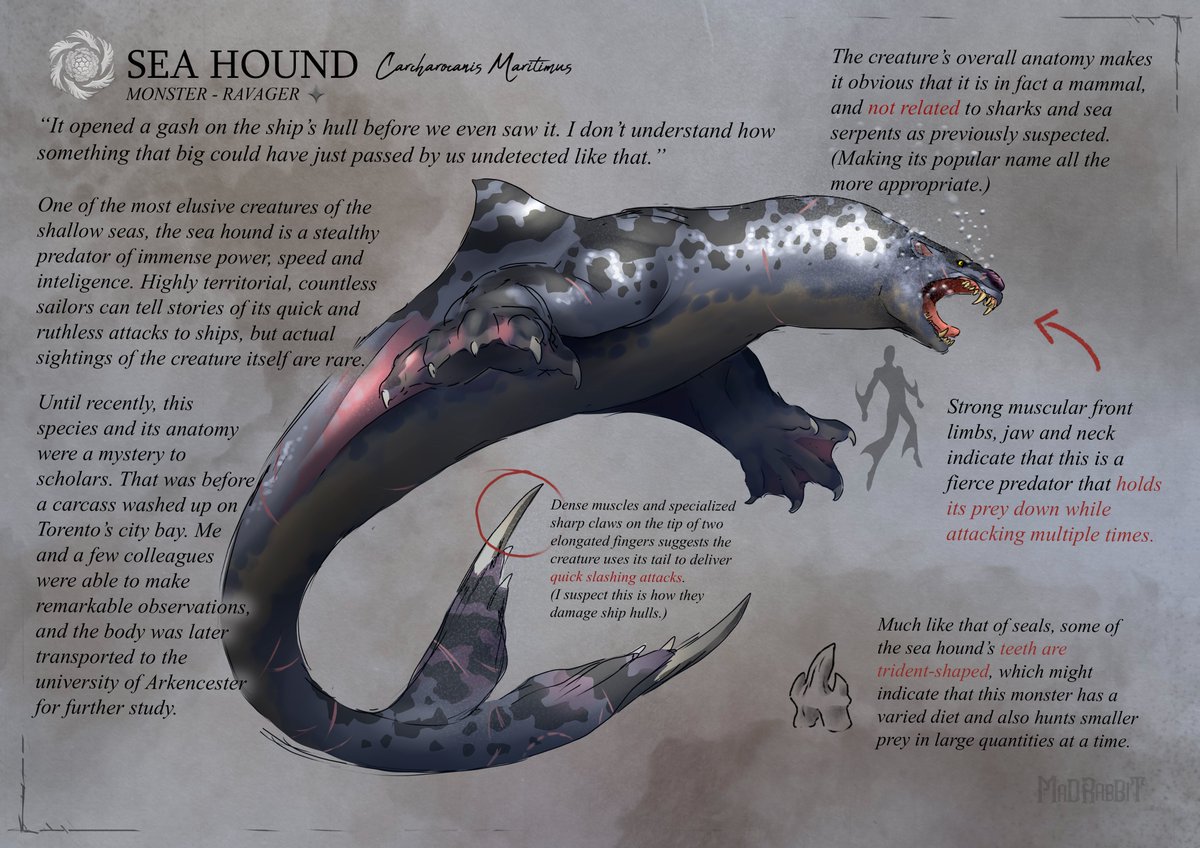 New page for Meridir's Bestiary! The elusive Sea Hound!
Our first sea creature is an intelligent predator that terrorizes the shallow shores that circle the continent! 

#creaturedesign #conceptart #digitalart #dndart #ttrpg #fantasyart