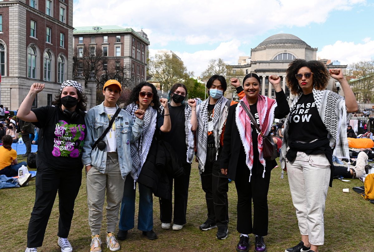 New York City Council Members @ShahanaFromBK, @SandyforCouncil, @CMAlexaAviles, and @tiffany_caban raise the liberation solidarity fist with Columbia University students at the Gaza Solidarity Encampment.