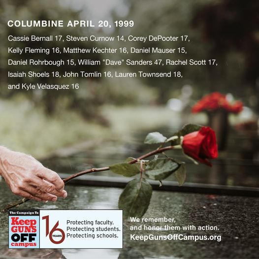 Remembering the 12 students and one teacher senselessly murdered at Columbine High School on April 20, 1999.  #enough #BanAssaultWeapons #columbine