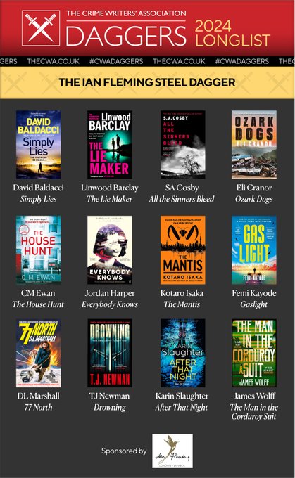 Over on the blog the CWA Dagger Longlists have been announced.wwwshotsmagcouk.blogspot.com/2024/04/cwa-da… #IanFlemingSteelDagger - Congrats -@elicranor @blacklionking73 @jordan_harper @linwood_barclay @chrisewan @FemiKay_Author @SlaughterKarin @JamesWollff @T_J_Newman #JamesWolff @DLMWrites