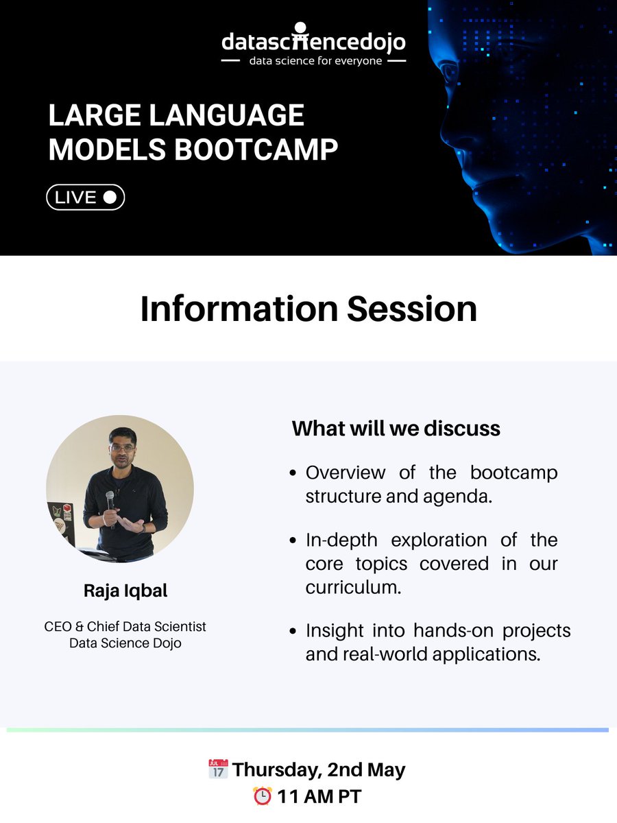 ⚡️Learn how Large Language Models are reshaping the landscape of #datascience with our upcoming #LLMBootcamp: hubs.la/Q02thBL50

Mark your calendar as Raja Iqbal guides us through an exclusive preview of our upcoming #Bootcamp.
#AI #Azure #LLM #artificialintelligence