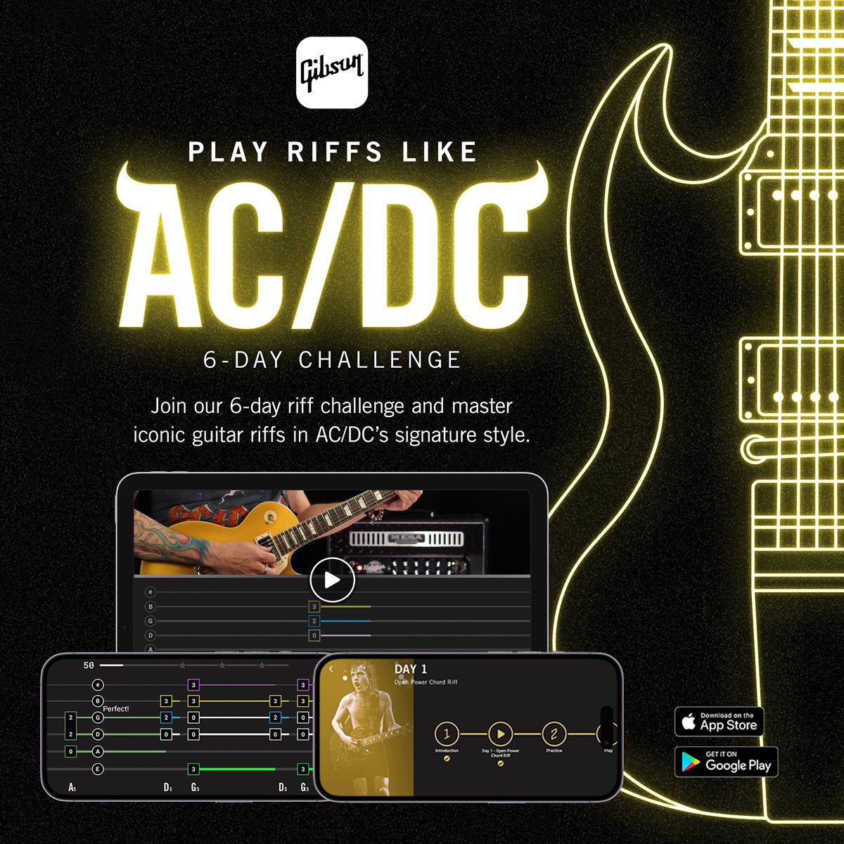 Ready to rock like AC/DC in just 6 days? Join the AC/DC riff challenge and learn how to master loads of guitar riffs in their signature style! Unleash your inner rockstar today, exclusively in the Gibson App. LET THERE BE ROCK: ow.ly/Itci50RetWA
