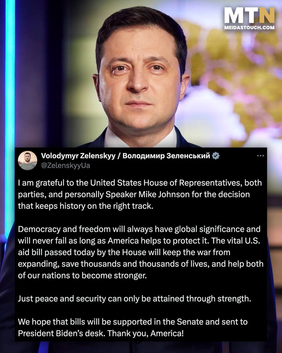 Ukrainian President Zelenskyy sent his gratitude to the United States after the House passed today’s aid package.