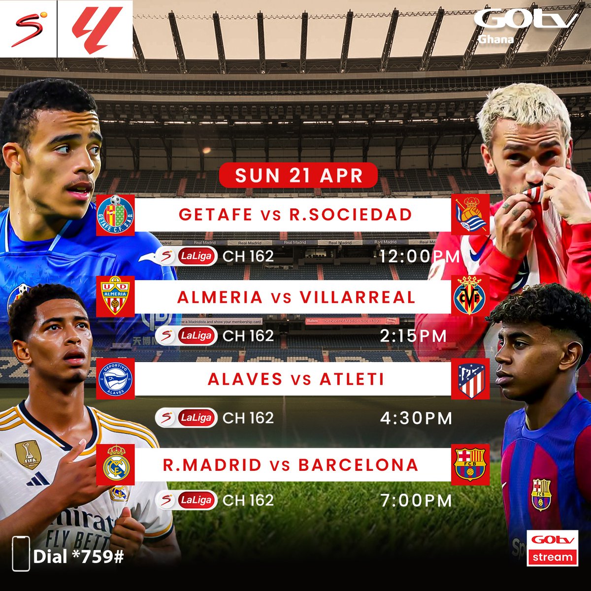 We've got an exciting Sunday ahead of us. The day rounds up with a classic game between rivals Real Madrid and Barcelona in a tale as old as wine. Watch all four matches live on #GOtvGhana on Sunday.