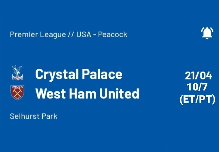 Sunday 10/7 AM (ET/PT) 
Palace v west ham 🦚  
Where will you be watching stateside? 
#DontWatchPalaceAlone #CPFC