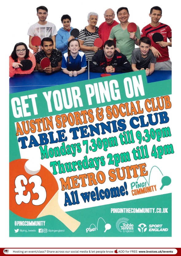 #SWBrumEVENTS – Table Tennis Club - Get your ping on! 🏓 
INFO: 👉    bvoices.uk/events

📅 Monday’s & Thursday’s
📍 Austin Sports & Social Club - #Longbridge

#B31VoicesSupportingLocal
#SWBrumWELLBEING
#TableTennis
#CommunityEvents
#Community 
#Birmingham