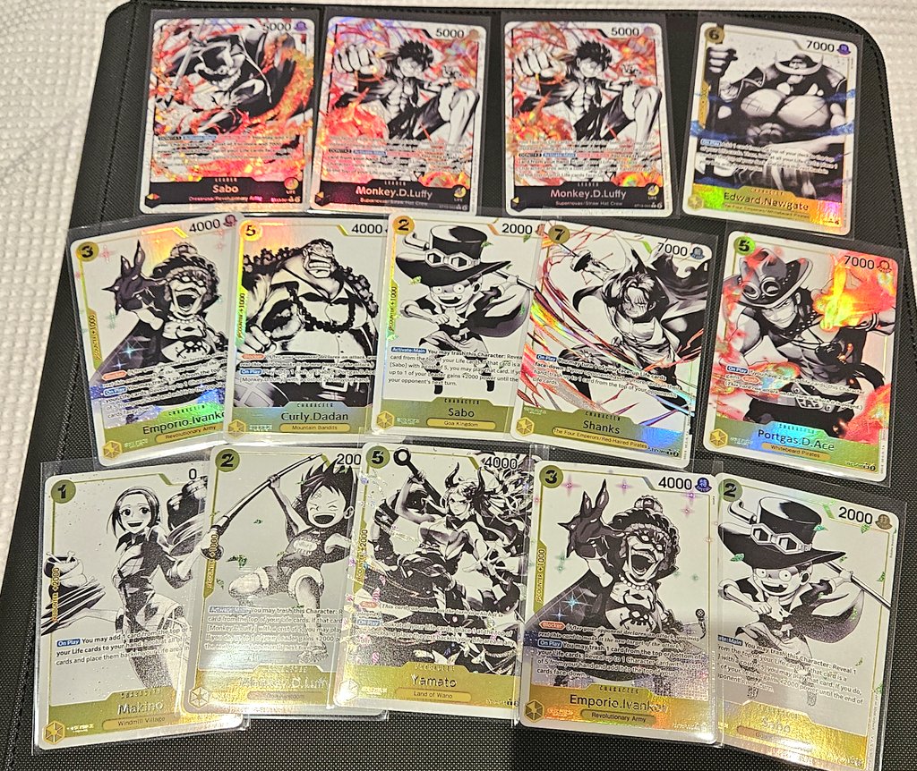 TCGTaj's tweet photo. My final haul.
5 promo packs (minus 1 Ace SR I gave to a friend).
Only 2 duplicates and just missing Ace from the leaders, plus 4 other cards from the set of 16.
Very happy.
#ONEPIECE #OPCG #OPTCG #OnePieceCardGame #ST13 #Luffy #Sabo #ThreeBrothers https://t.co/s0kSh7fZ4d