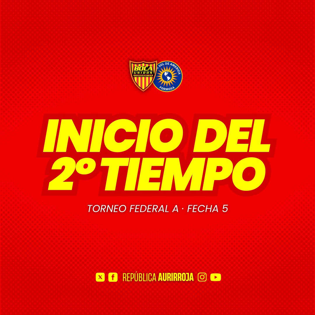 ¡COMENZO EL SEGUNDO TIEMPO! ⚽️ 

#BocaUnidos 0️⃣
#SolDeAmérica 0️⃣ 

#FederalA 🏆
#UNIDOS ❤️💛