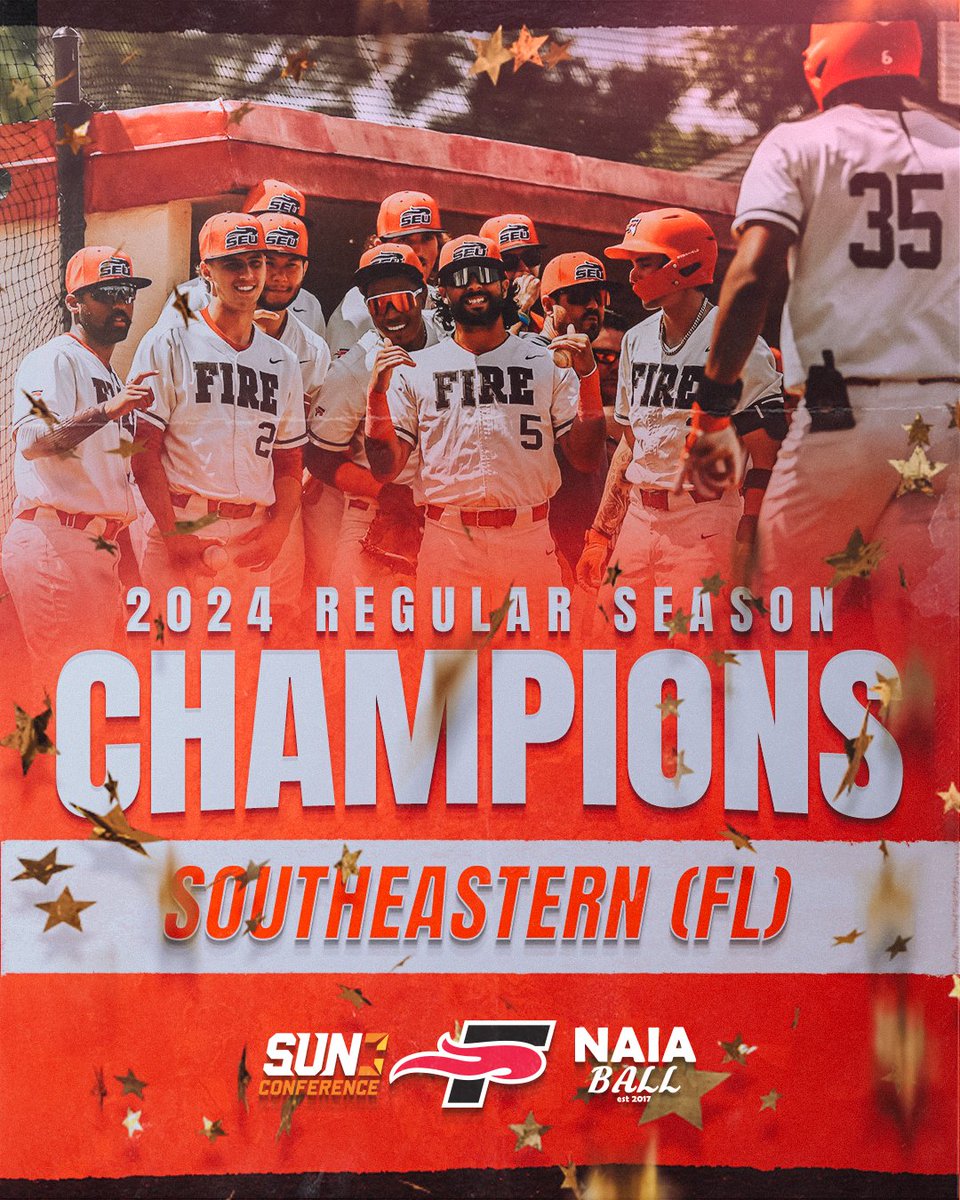 🚨 #1 Southeastern (41-5) claims their 5th consecutive Sun Conference Regular Season Title and secures the #1 seed in the TSC Tournament. The tournament champion receives automatic qualifier to the Opening Round! #NAIABall <a href="/SEUFireBaseball/">Southeastern Baseball</a> <a href="/FireAthletics/">SEU Athletics</a> <a href="/AdrianDinkel/">Adrian Dinkel</a> 

Photo via