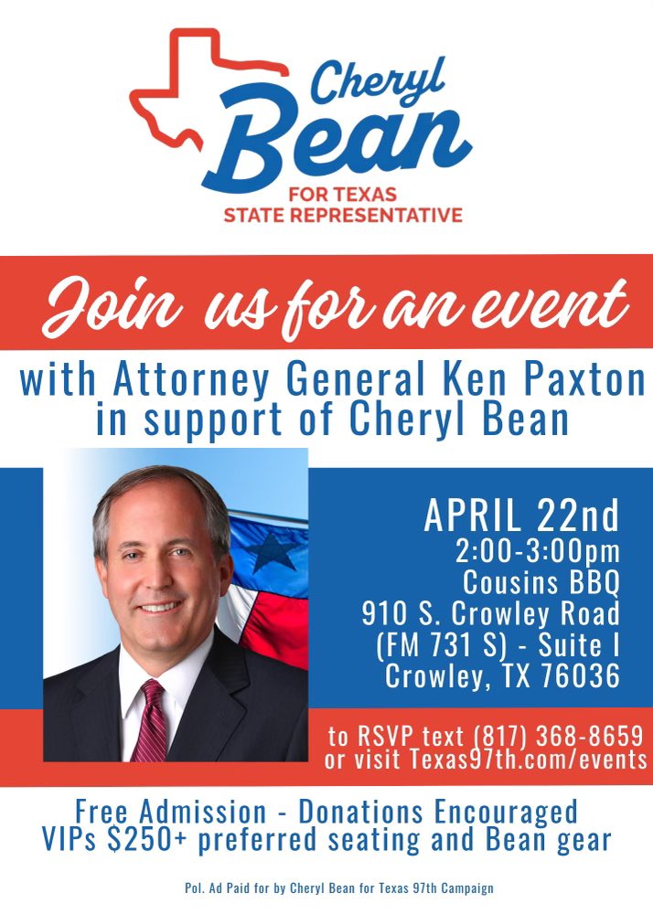 Join us Monday to support @cherylbeantx and enjoy some great BBQ. #Txlege