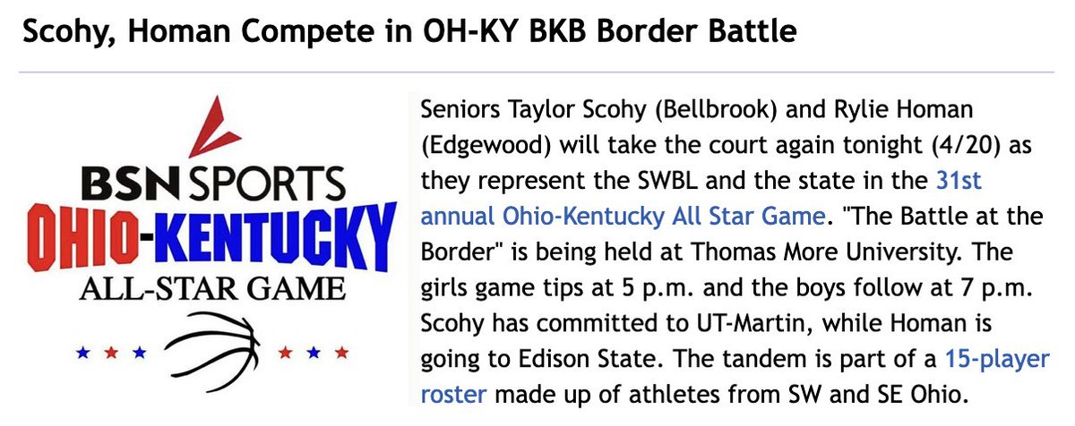 Scohy, Homan Compete in OH-KY Basketball Border Battle tonight swblsports.com @BellbrookSports @Coach_ODell @TheEdgeAthletic @stew1133 @Bellbrook_Hoops @bellbrook_hs @EdgewoodCougs @EdgewoodAthlet1 @BellbrookSchool