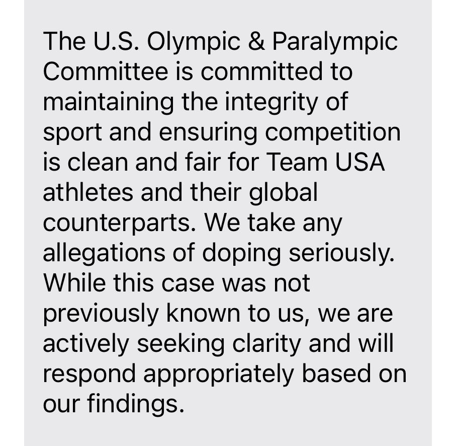 The USOPC puts out its first statement to @usatodaysports on the bombshell reports that 23 top Chinese swimmers tested positive for the same banned substance seven months before the Tokyo Olympics but were allowed to continue to compete. Guessing it won’t be its last statement.