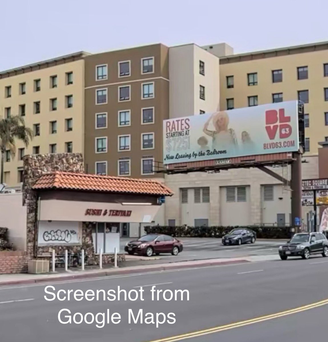 Topaz Apartments located near #SDSU campus. They tore down an old shopping center and McDonalds. In the screenshot you can see the women’s dorm on left-side of screen that is still there today.  #GoAztecs #SanDiego