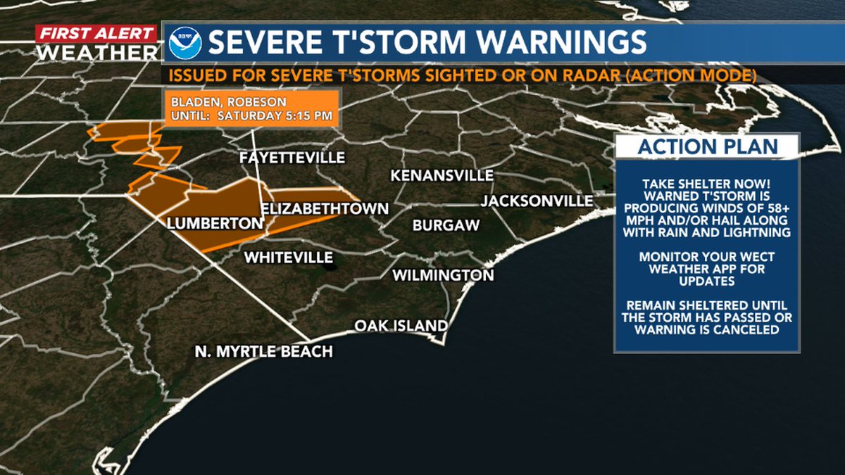 A SEVERE THUNDERSTORM WARNING has been issued for portion(s) of SE NC. Seek shelter now! Large hail and/or damaging wind is occurring or may shortly at the locations highlighted on the map.
RADAR: wect.com/weather
#WECTwx #ILMwx