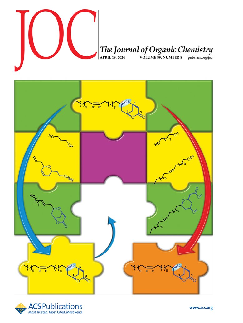 Here it is, our latest issue of #JOrgChem. The cover shows how chemical synthesis plays an important role solving nature's most intriguing molecular puzzles, in this case the C7 position stereochemistry of cryptorigidifoliol G. Check out the whole issue: pubs.acs.org/toc/joceah/89/8