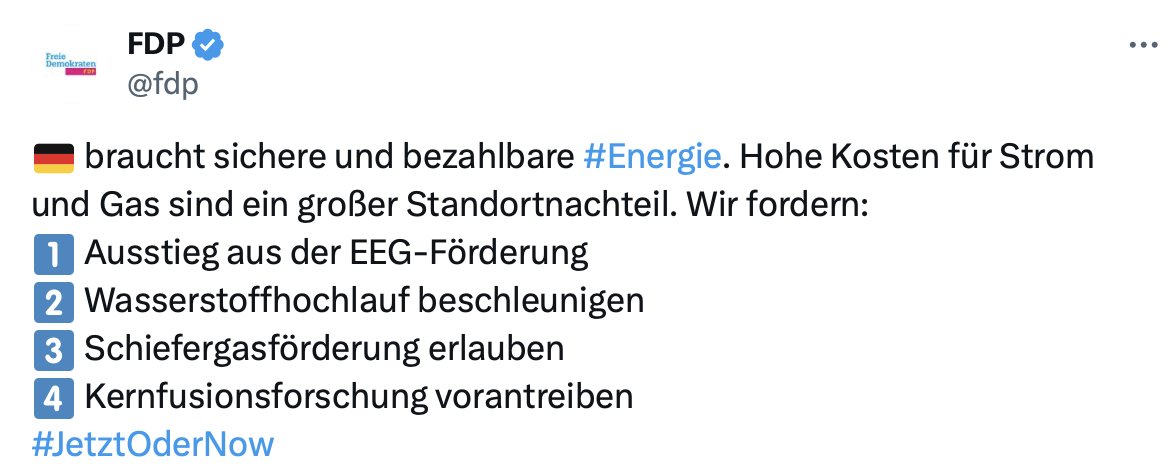 Kein halbwegs naturwissenschaftlich interessierter Mensch kann das lesen und anschließend #FDP wählen. 

Vor allem Punkt 4 gerät zu Karikatur, wenn man ihn mit dem Hashtag 'JetztOderNow' verknüpft. 
2 & 3 adressieren das Problem überhaupt nicht, Punkt 1 ist reine Sabotage.